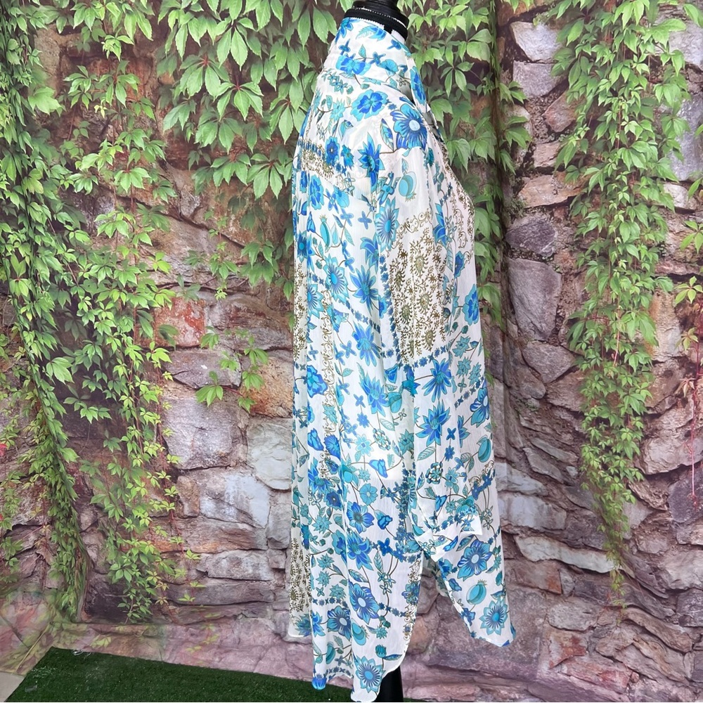 ROSE + OLIVE Blue and White Floral Boho Chiffon Longline Tunic/Dress, M - Picture 11 of 14